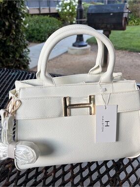 Halston Heritage White Pebbled Leather Satchel with Gold H Accent
